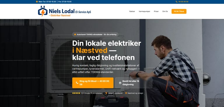 Niels Lodal Elektro website header showing electrician working on electrical panel and Swedish text advertising local electrician services