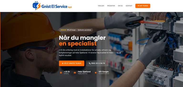 Gnist El Service website header showing a technician working with electrical equipment and tools