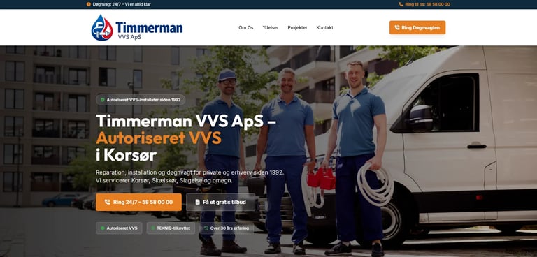 Timmerman VVS ApS - two technicians in blue uniforms standing with tools in front of white service van