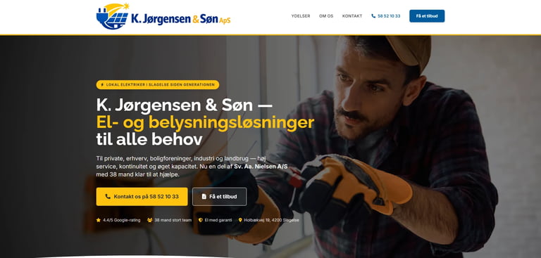 Man in dark shirt wearing yellow-orange gloves working on machinery. K. Jorgensen & Son website header with company logo and navigation menu.