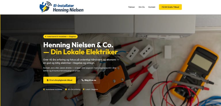 Henning Nielsen & Co. website hero showing electrical tools including a multimeter and testing equipment on a work surface