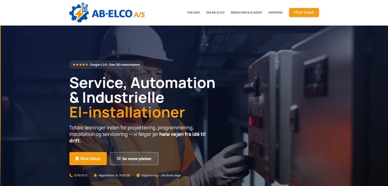 AB-ELCO A/S website header showing industrial electrical installation services with technician working on equipment