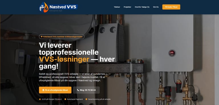 Nestved VVS website header showing professional HVAC equipment and Norwegian text promoting their services